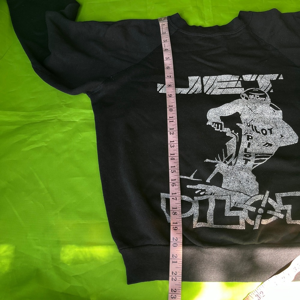 VTG 80s Medium Jet Pilot Sweatshirt Black Raglan Crewneck Graphic Jet Ski Retro - Picture 5 of 7